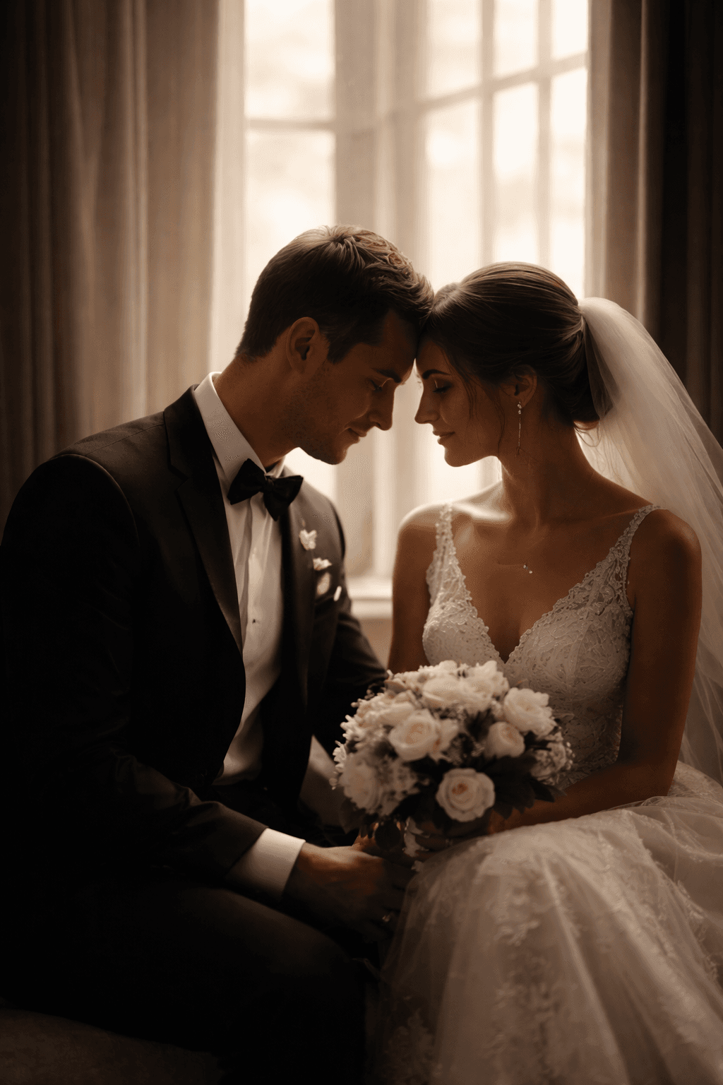 An intimate quiet wedding moment with the couple close together, heads gently leaned in.